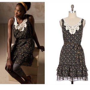 Anthropologie Fei black floral dress with sash-tie waist, Sz M. EUC.